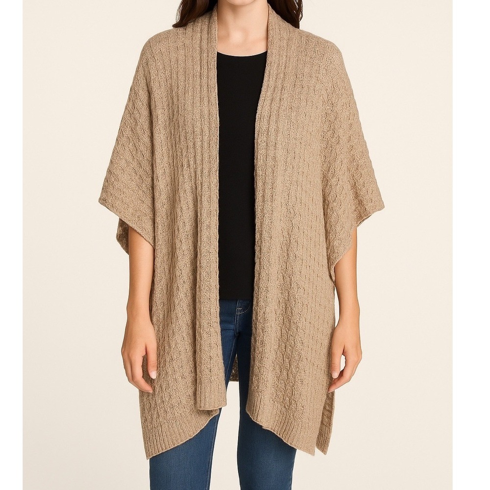 Chico's Tan Cream Beige Ruana Sweater One‎ Size Shawl Poncho Open Weave Knit